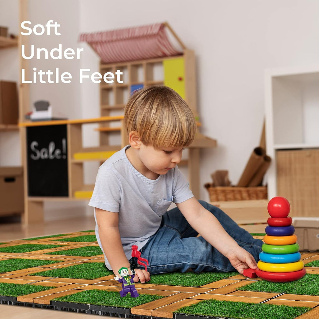 Interlocking Acacia Wood and Artificial Grass Deck Tiles, 12"x12", 0.94" Thick, Outdoor Patio Flooring for Garden