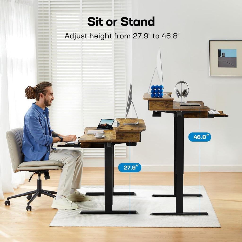 55" x 26" Electric Standing Desk, 2 Drawers & Keyboard Tray, Vintage | Ergonomic Desk with 2 Drawers: 27.9"-46.8"