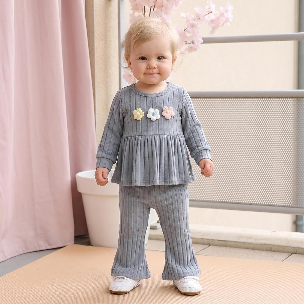 Toddler Baby Girl Clothes Flower Plush Long Sleeve Shirt Flare Pants Set