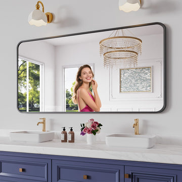 Bathroom Mirror, 30X60 Inch Black Metal Framed Mirror, Tempered Glass, Anti-Rust, Rounded Rectangle Mirror for