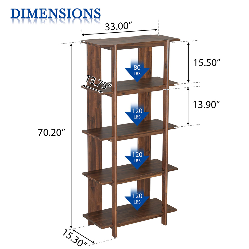 4 Shelf Narrow Walnut Bookcase H-70 L-33 Acacia Wood Open Bookshelf
