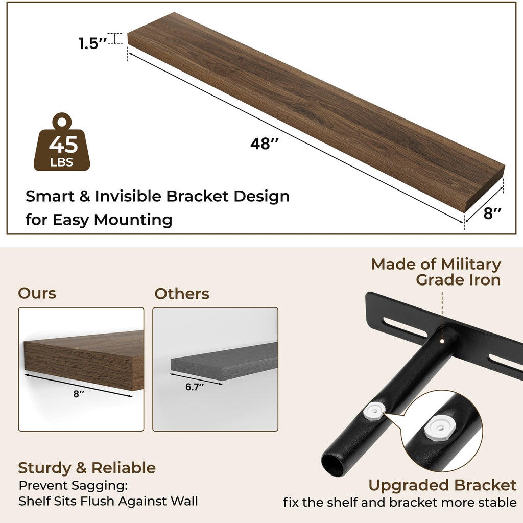 Long Floating Shelves for Wall 2Pack, Walnut, 48" Lx8 D