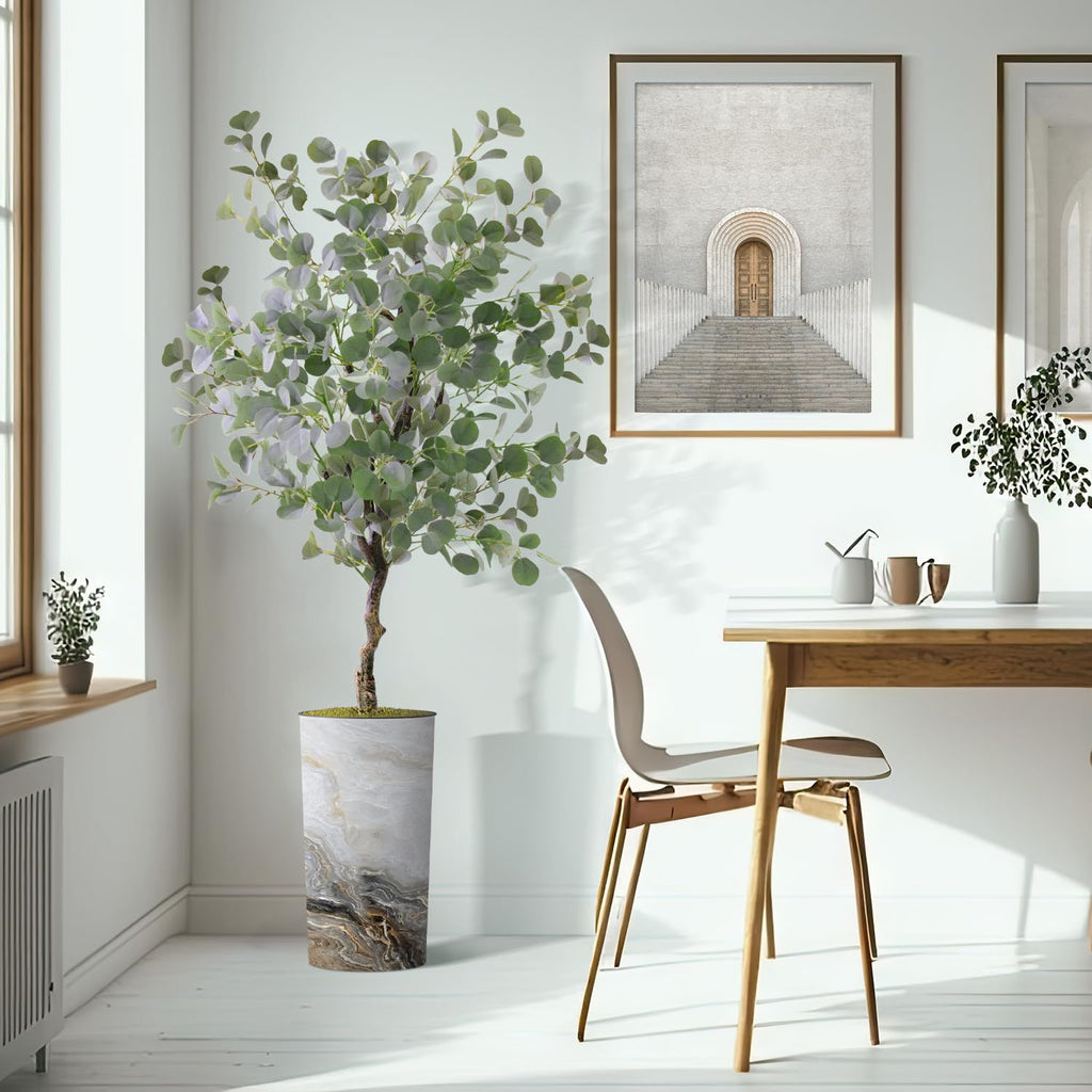 Artificial Tree in Modern Granite Effect Planter, Fake Eucalyptus Silk Tree for Indoor and Outdoor Home Decoration