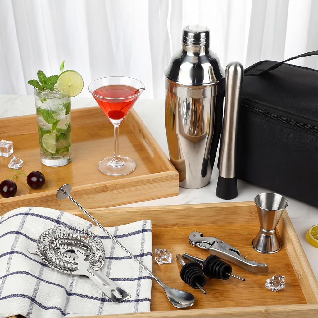 Travel Bartender Kit Cocktail Shaker Set with Bag 25oz Martini Shaker Kit, Ice Crusher, Wine Opener, Strainer - Set of 9