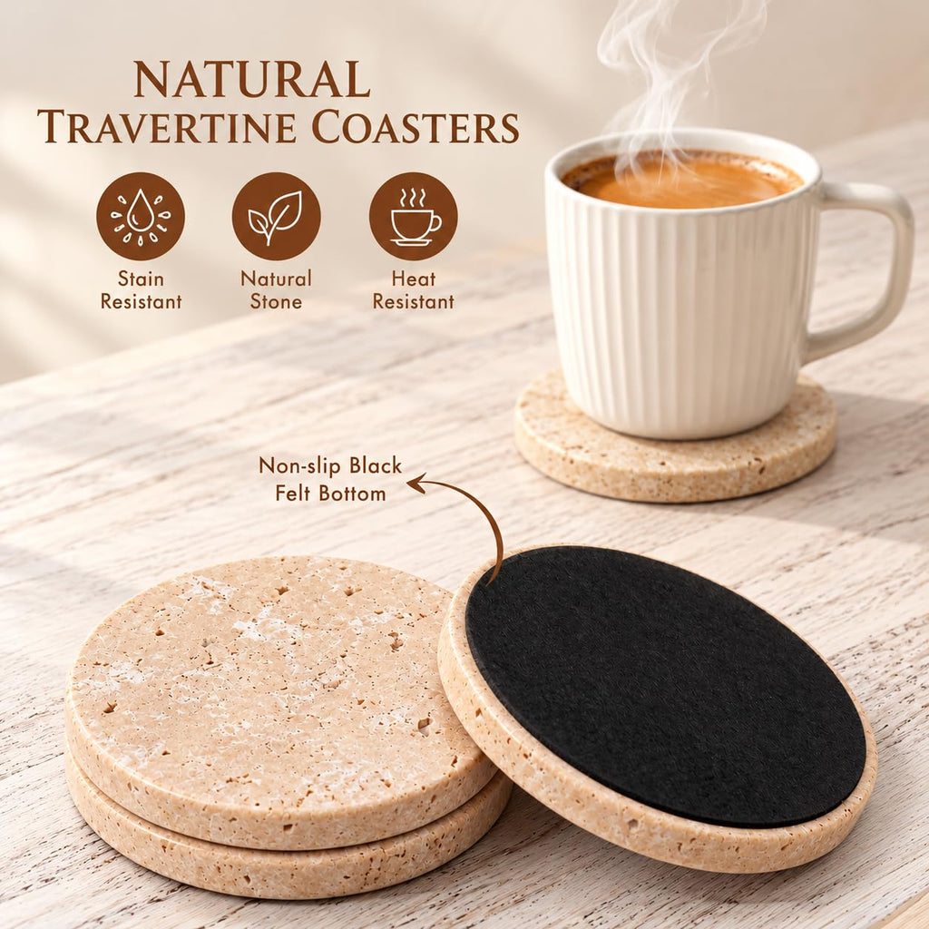 Travertine Coasters Set of 6 for Drinks, 3.5 Inch Round Coaster
