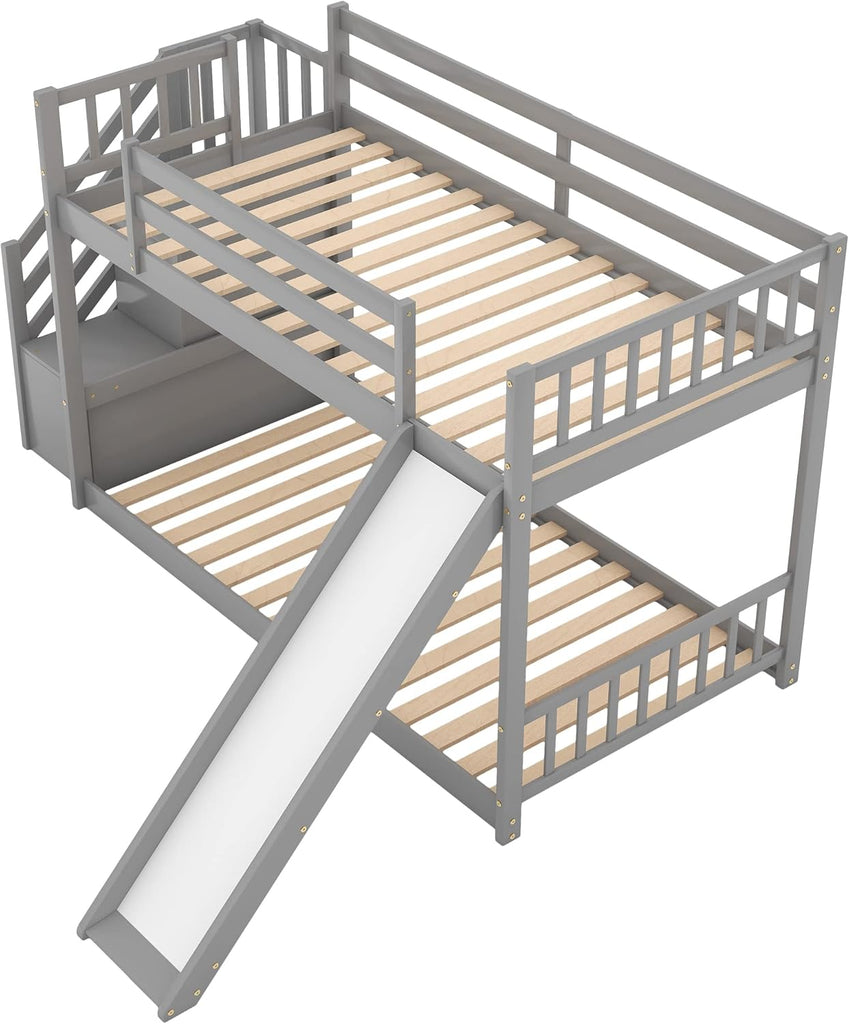 Twin Over Twin Bunk Bed with Slide and for Storage Staircase for Teens, Boys or Girls, No Box Sping Needed
