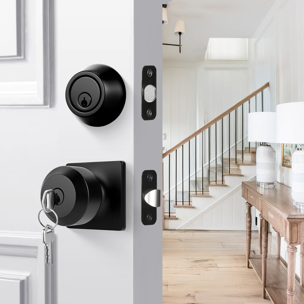 Matte Black Exterior Door Knob and Deadbolt Set, Keyed-Different Entry Locksets with Lock and Key 1 Pack Set