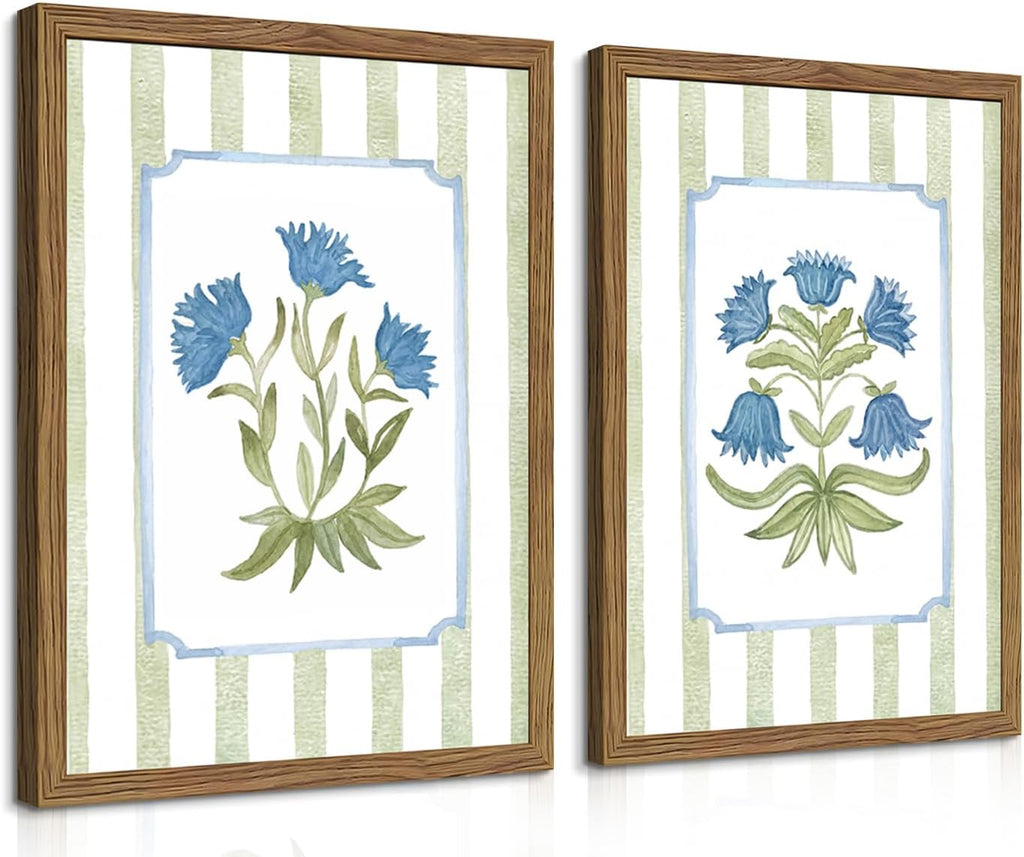 Framed Floral Wall Art Set of 2, Vintage Blue Flower Botanical Canvas Wall Decor Paintings, Cottagecore Stripe