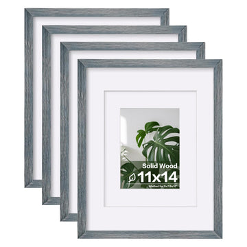 11x14 Picture Frames Set of 4, Made of Solid Wood Covered by Plexiglass 5x7 and 8x10 with Mat or 11x14 without Mat