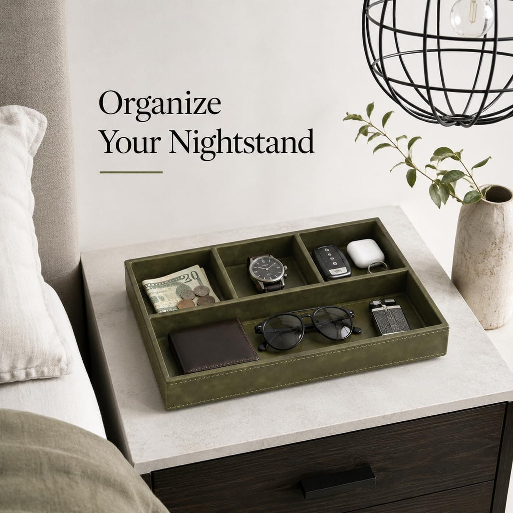 Valet Tray for Men, Leather Tray EDC Desk Organizer, Olive Green