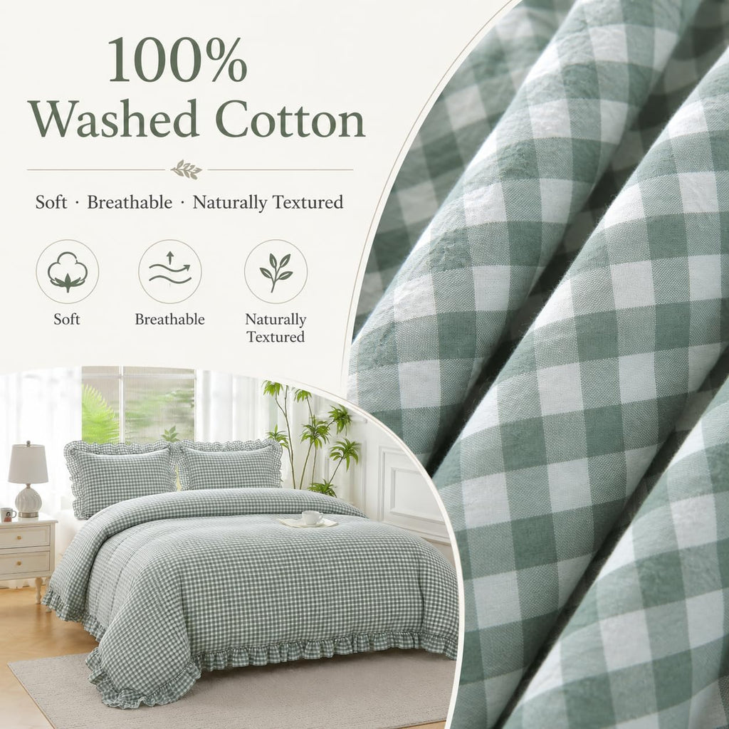 Dusty Green Gingham Ruffle Duvet Cover Set