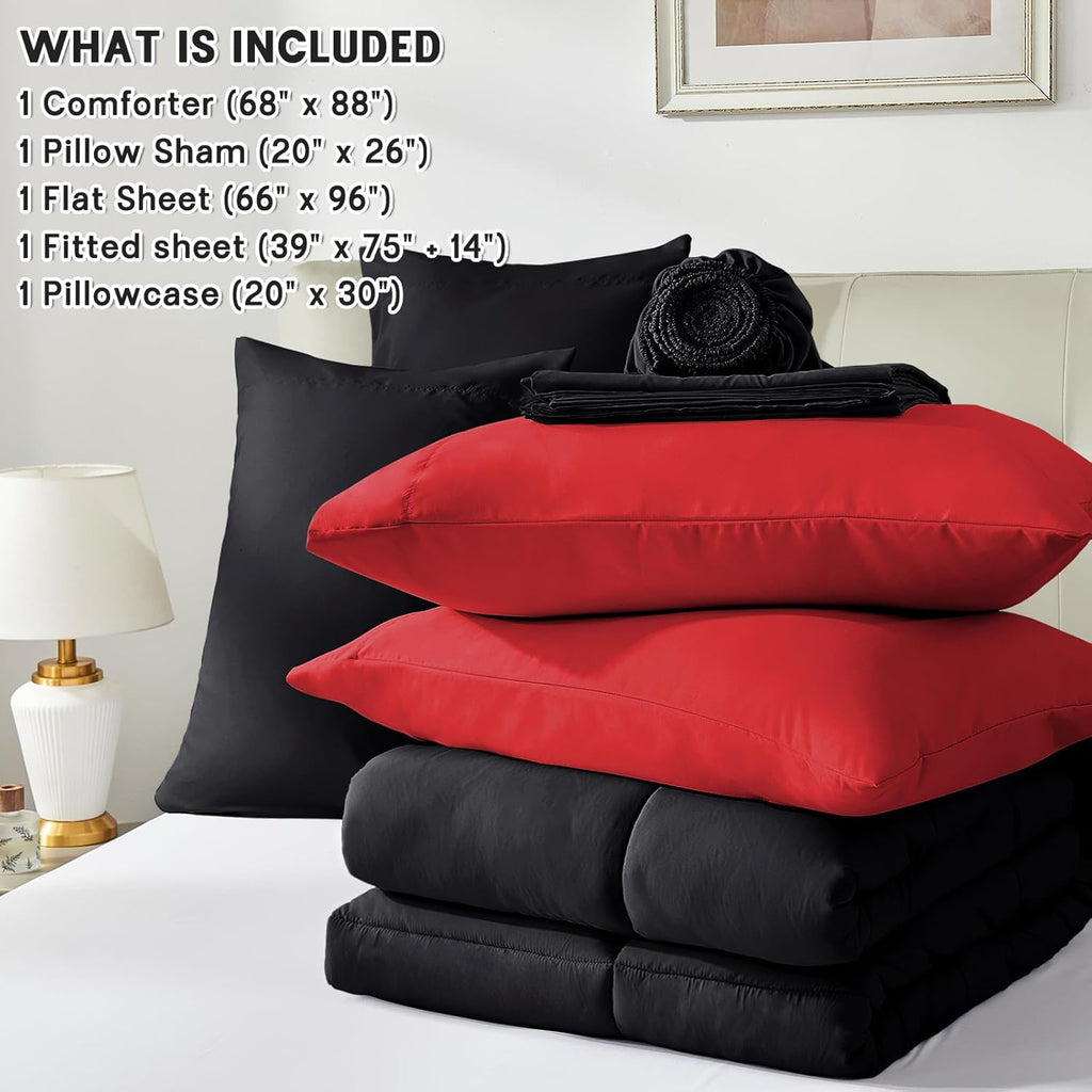 Anluoer Twin Comforter Set 5 Pieces, Black Bed in a Bag Bedding Set with 1 Comforter(68"*88"), 1 Pillow Sham