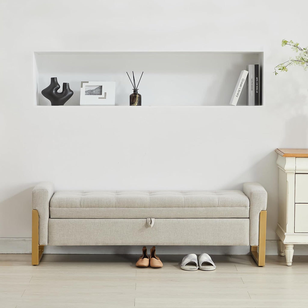 57" Storage Ottoman Bench, Upholstered End of Bed Bench, Beige | Metal Legs & Button-Tufted, Linen Ottoman with