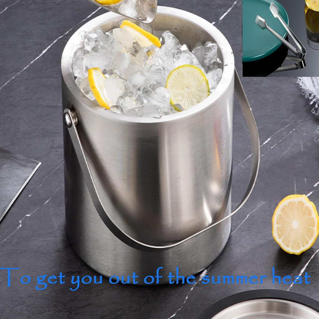 3L Double-Wall Insulated Ice Bucket with Lid, Ice shovel &Tongs and Strainer, Stainless Steel Ice Bath Tub