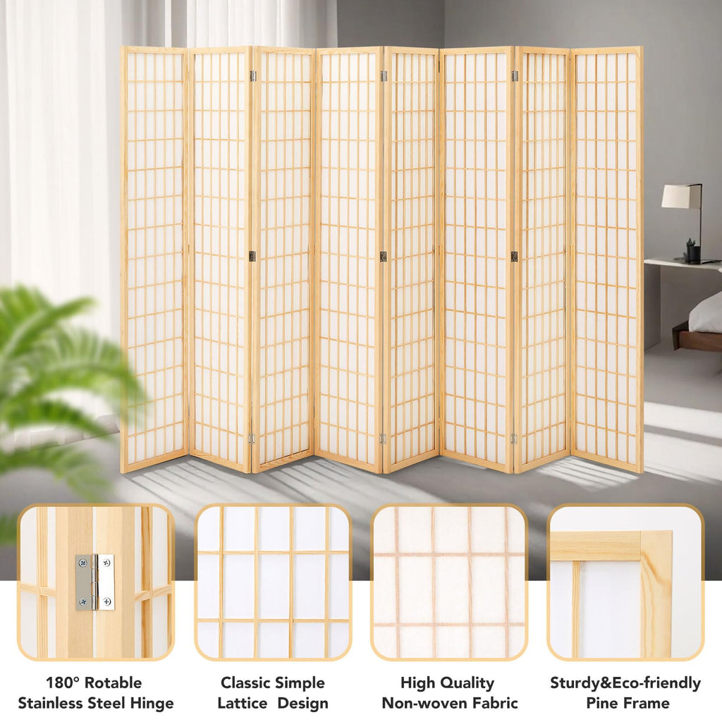 6ft Japanese Room Divider Wall, 8-Panel Shoji Privacy Screen 138" W