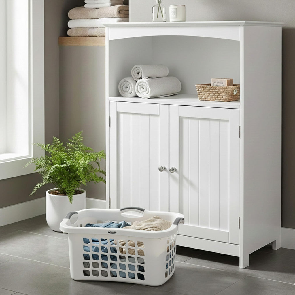 Comfort Grip Plastic Laundry Clothes Basket, Upright Design, White
