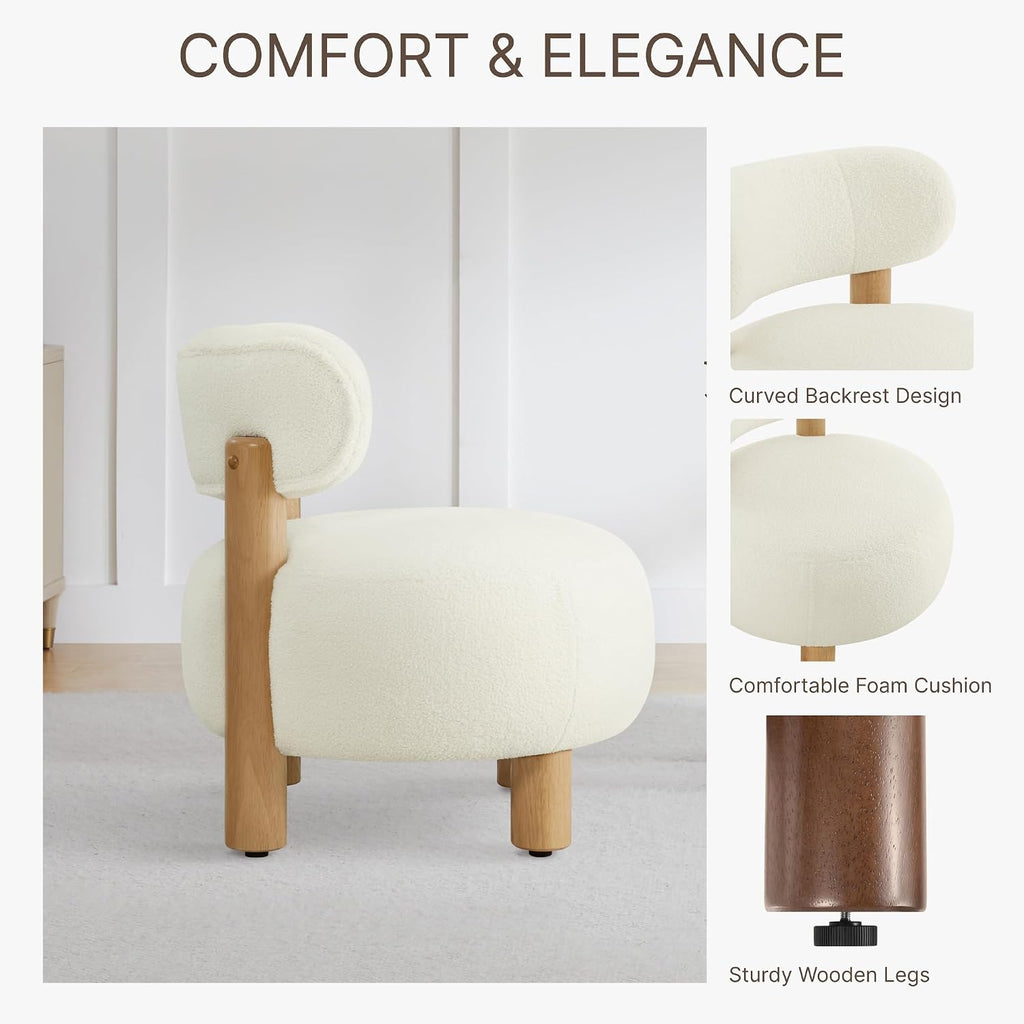 Modern Boucle Accent Chair, with Plush Faux Sherpa Upholstery, Curved Backrest, Solid Wood Legs Bedroom Reading Nook