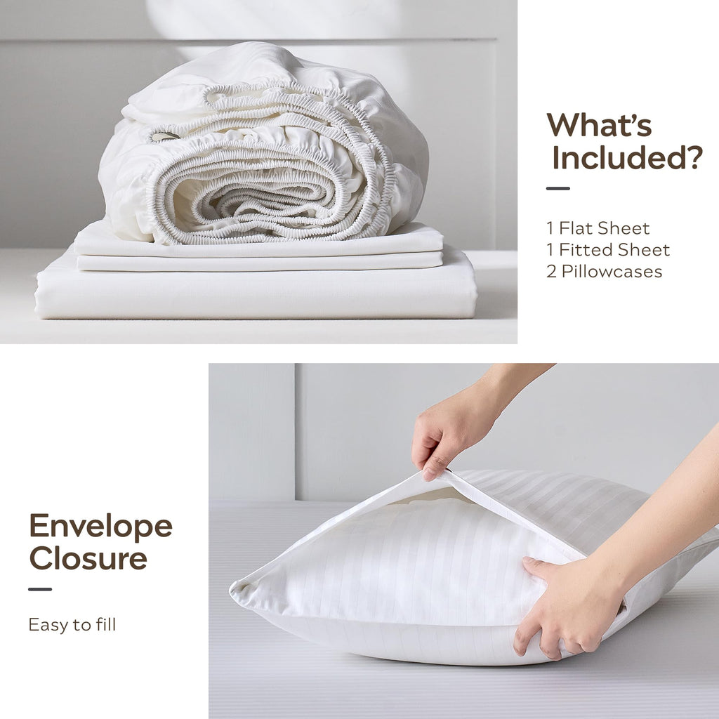 100% Cotton Sheet Set, White Sateen Striped, Queen
