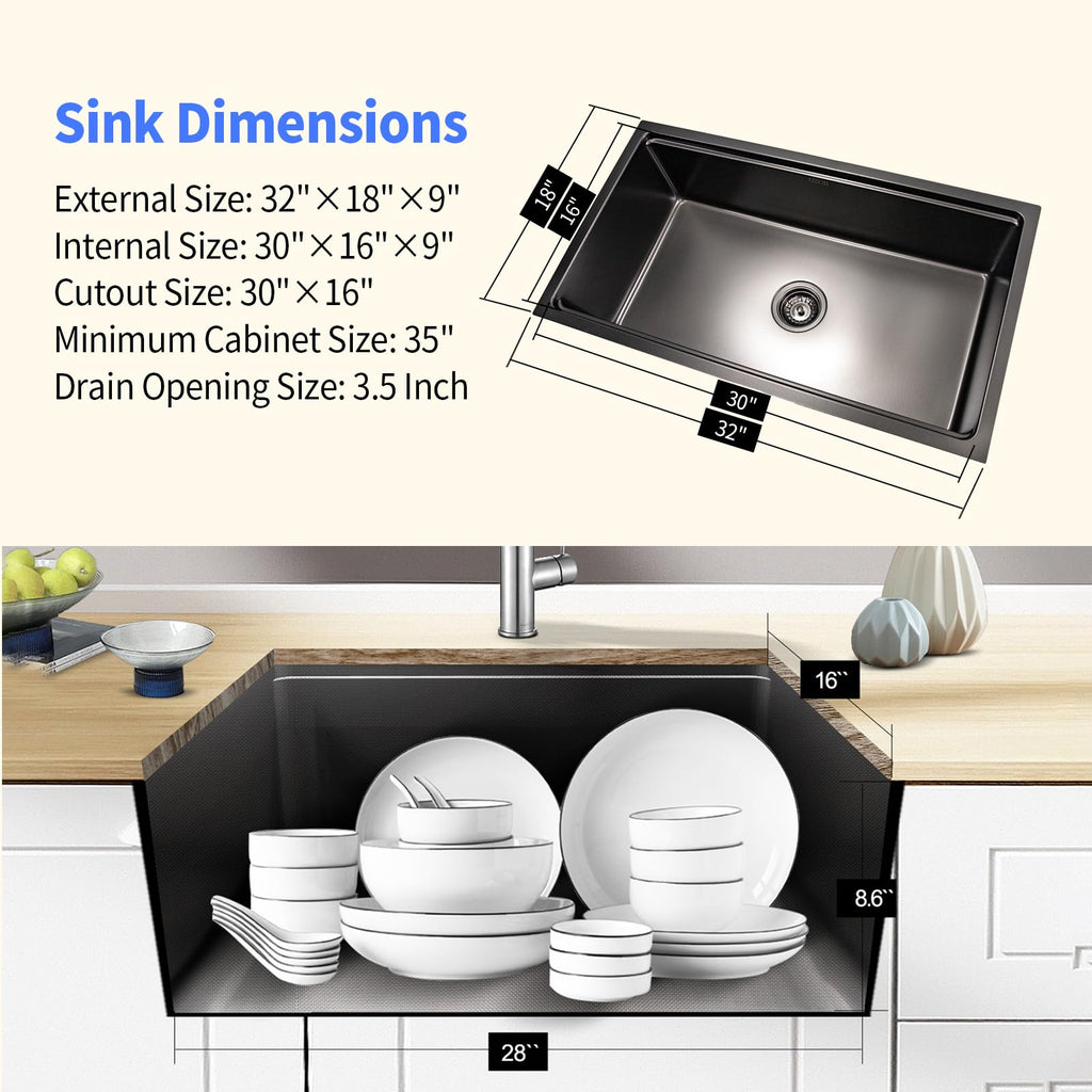 Black Undermount Kitchen Sink, 32 Inch Single Bowl Workstation Stainless Steel Sink, 81.3×45.7cm Black Kitchen Basin