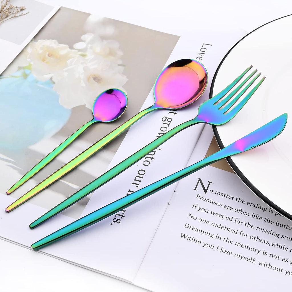 24-Piece Mirror Rainbow Flatware, 18/0 Stainless Steel Dinnerware Set Include Knife Fork Spoon Teaspoon Cutlery Set