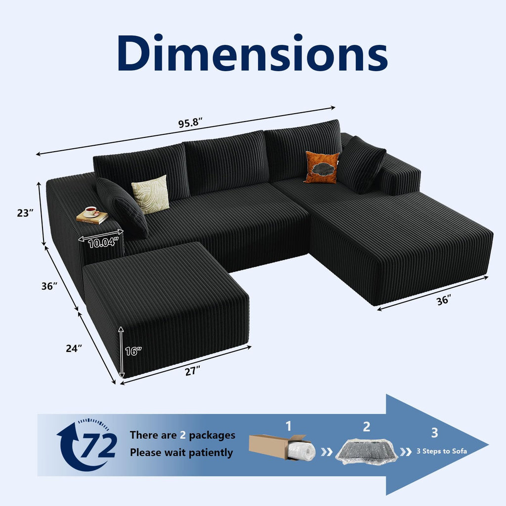 96" Boneless Couch with Ottoman, Modern U Shaped Cloud Sectional Couch