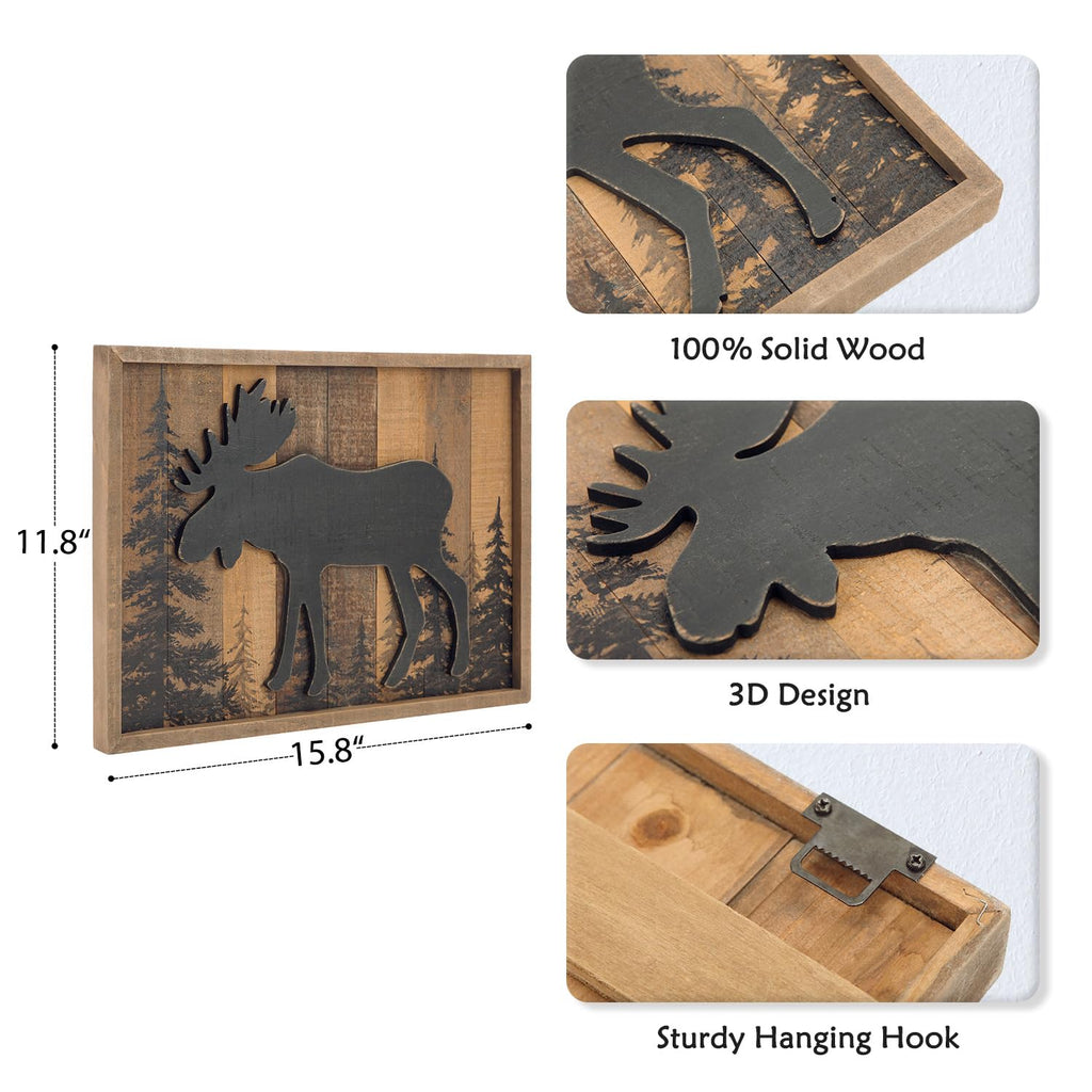 Cabin Wall Decor, 3D Moose Solid Wood Forest Mountain Woodland Wildlife Lodge Animal Picture Art Bathroom Decor, 16 x
