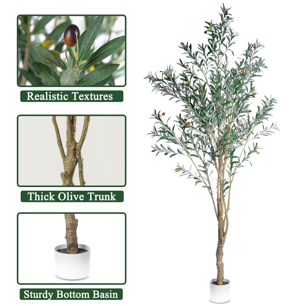 Olive Trees Artificial Indoor, 8ft Tall Faux Olive Tree with Natural Wood Trunk, Realistic Leaves & Fruits, Tall