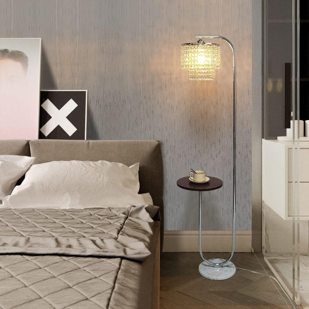 Arc Crystal Floor Lamp - Marble Base Modern Tall Stand Up Light with Table, Contemporary Over the Couch Chrome Lamp