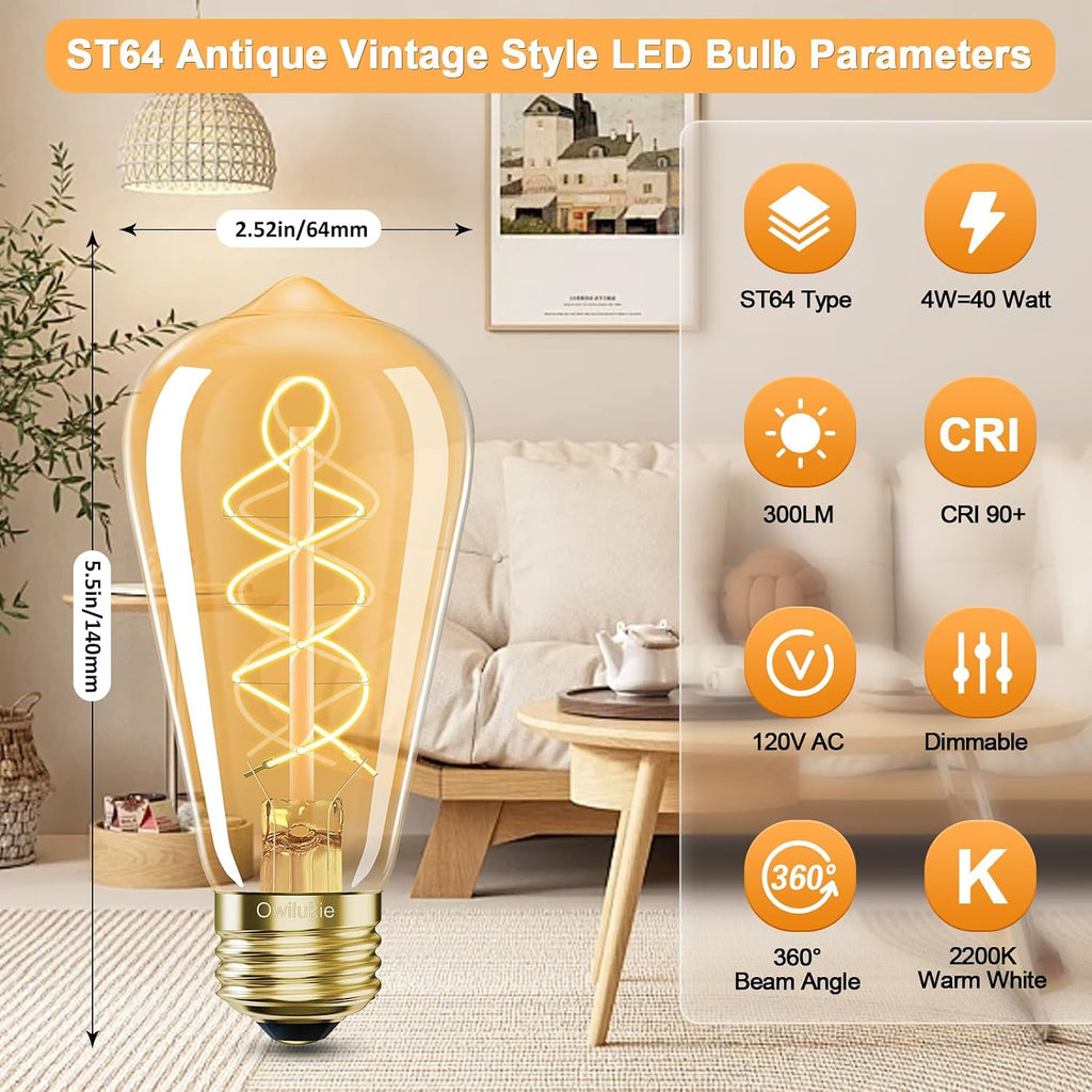 E26 LED Bulb 4W Equivalent 40 watt,Vintage Edison Bulbs,Warm White 2200K Amber E26 Edison Bulb dimmable, ST21/ST64