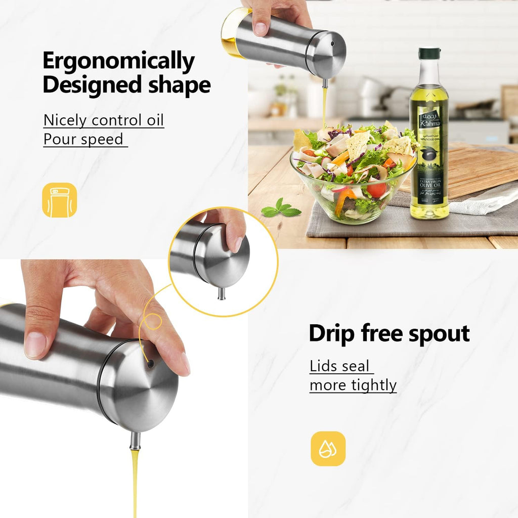 Olive Oil And Vinegar Dispenser Set -2 Pack Elegant Stainless Steel Oil Dispenser Set- Vinegar Bottle with No-Drip - Set of 2