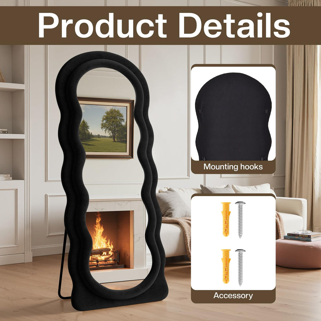 Full Length Mirror 71"x30" Irregular Wavy Full Body Wall Mounted Floor Mirror with Stand Black Flannel Frame Leaning