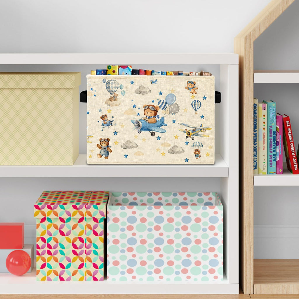 Blue Space Bear Storage Bins Box with Handles, Hot Air Balloon Bear Spaceman Laundry Basket Hamper Collapsible