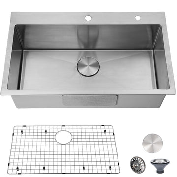 30 inch Drop Sink, Topmount Single Bowl 304 Stainless Steel Handmade Satin Finish Kitchen Sinks with Dish Grid and