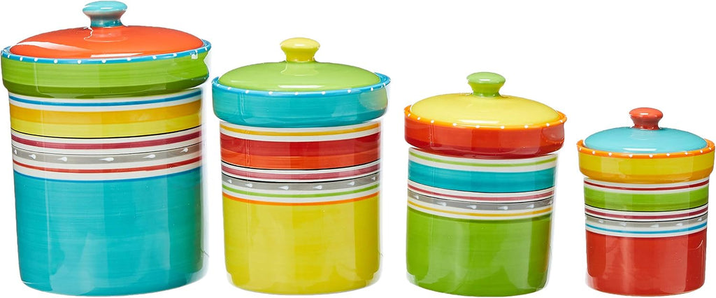Mariachi 4-Piece Ceramic Kitchen Canister Set - Airtight Colorful Striped Storage Jars with Lids, 24 to 128 oz