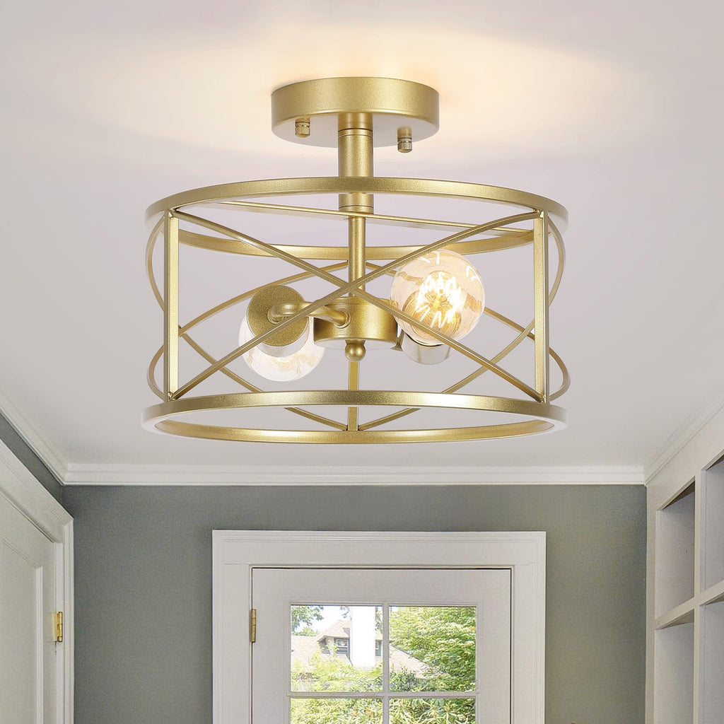 2-Light Semi Flush Mount Matte Gold Ceiling Light Fixture, Farmhouse Industrial Metal Cage with Adjustable Height
