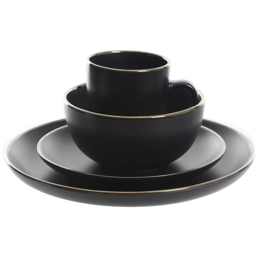 Rockaway 16-Piece Round Stoneware Dinnerware Set, Service for 4 - Black with Gold Rim Plates and Bowls