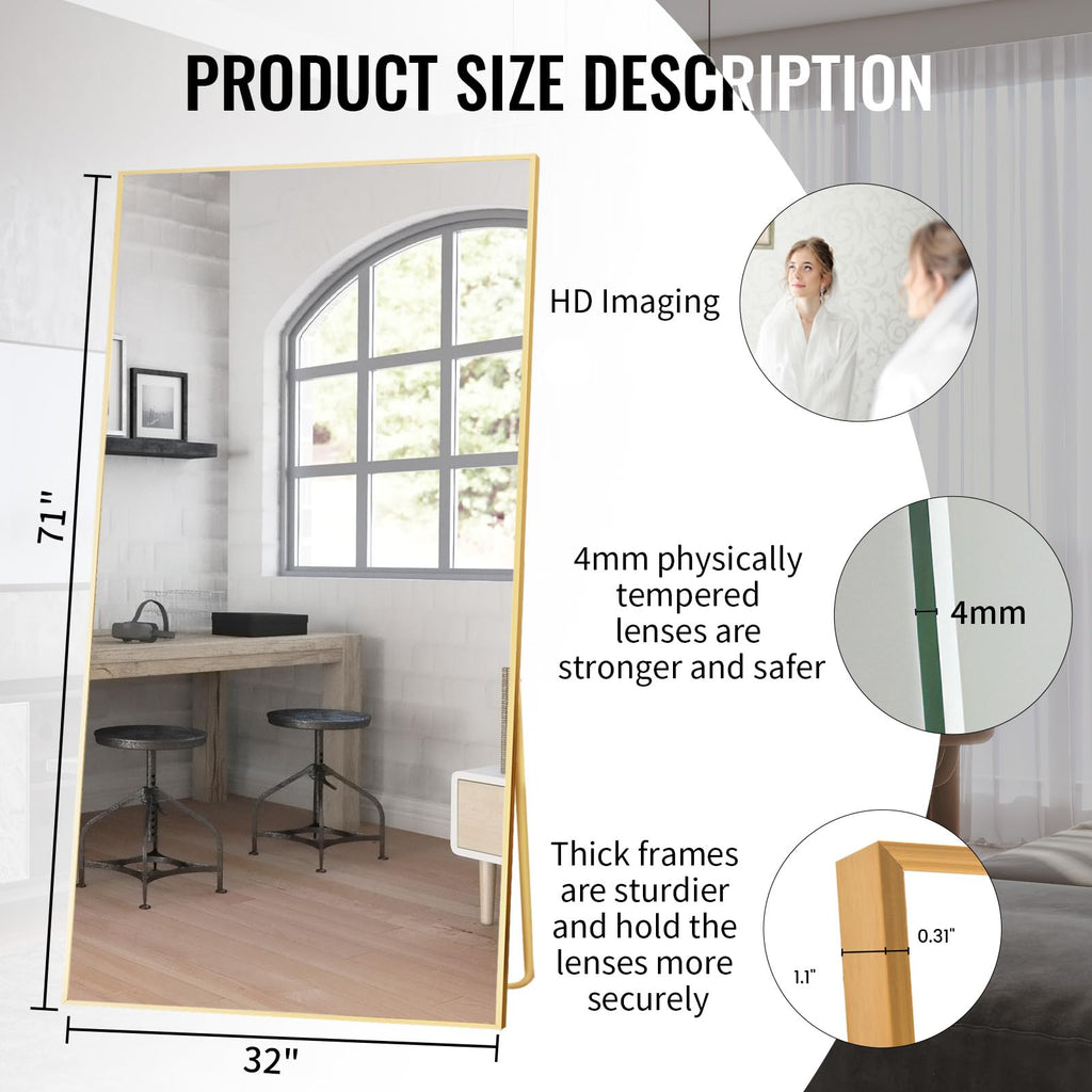 71" x 32" Full Length Mirror with Stand, Gold Large Floor Mirror
