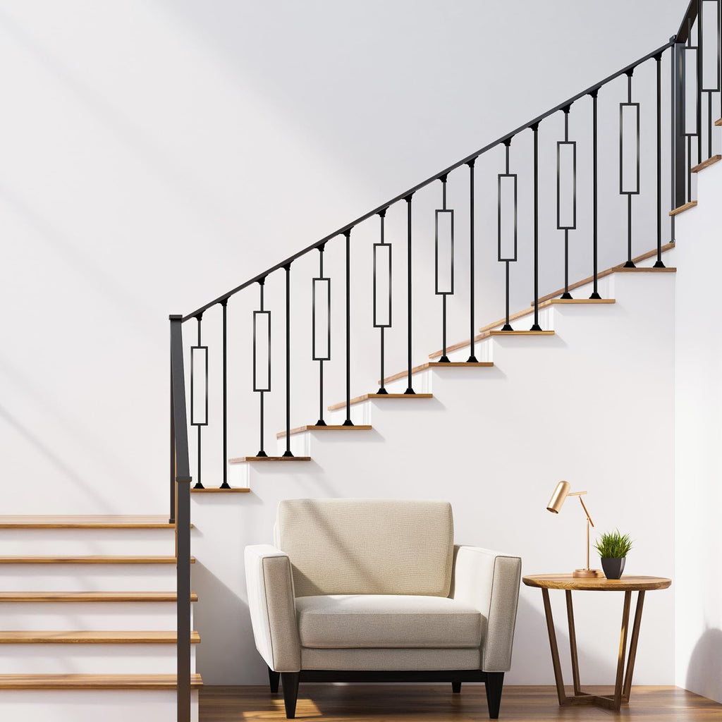 16 Pcs Wrought Iron Balusters for Staircase, 1/2" x 44" Rectangular Hollow Iron Spindles Deck Balusters with 32 Fixed