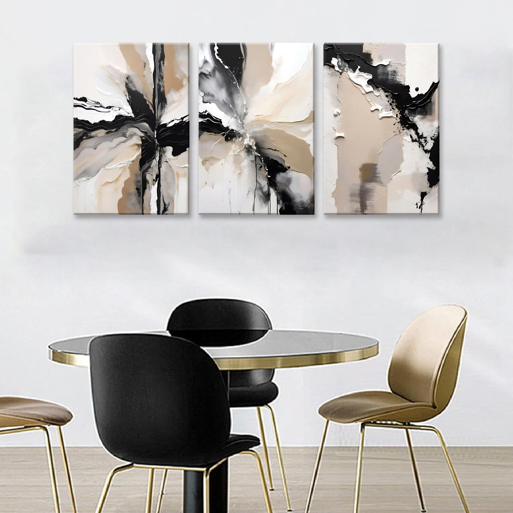Framed Black and Brown Abstract Geometric Canvas Wall Art Modern Grey White Beige Print Poster Set of 3 Painting