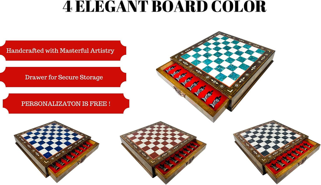 Premium Handmade Chess Set with Storage Drawer- Ancient Greek Mythology Themed Metal Chess Pieces- 15" Personalizable