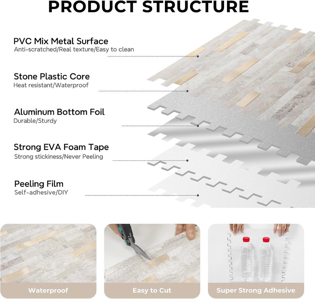 Peel and Stick Backsplash, PVC Wall Stick on Backsplash (10 Sheets, Beige with Metal Gold)