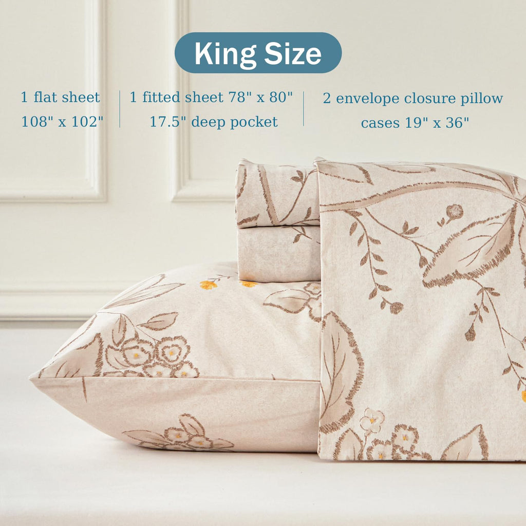 Cream Floral Bed Sheets Set 100% Cotton Percale Sheets Farmhouse Flower Printed Beige Vintage Cottage Bedding