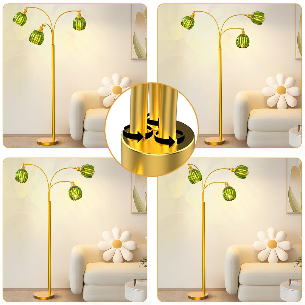 Arc Floor Lamps, Gold Dimmable Floor Lamp with Green Flower Glass Shades and 3 Brightness Lights, Adjustable Arm