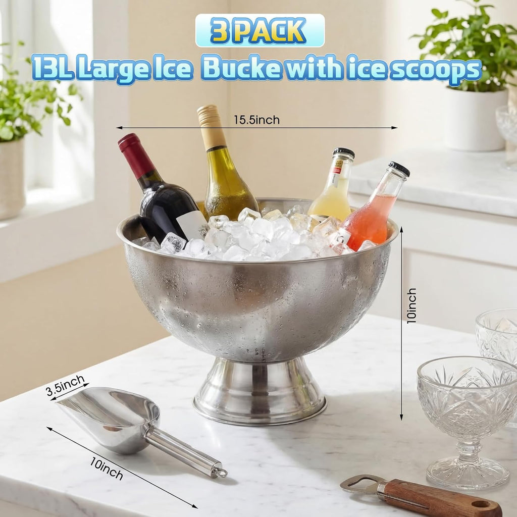 13L Large Ice Bucket, Silver Stainless Steel Champagne Buckets with Scoop, Drink Beverage Tub for Parties - Set of 3