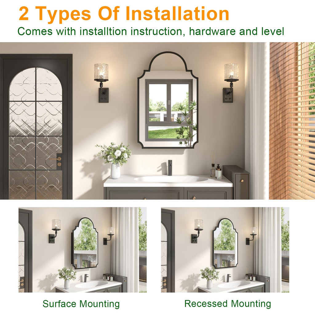 Black Decorative Medicine Cabinet Mirror, 20"x32" Recessed or Surface Mount Metal Irregular Medicine Cabinet