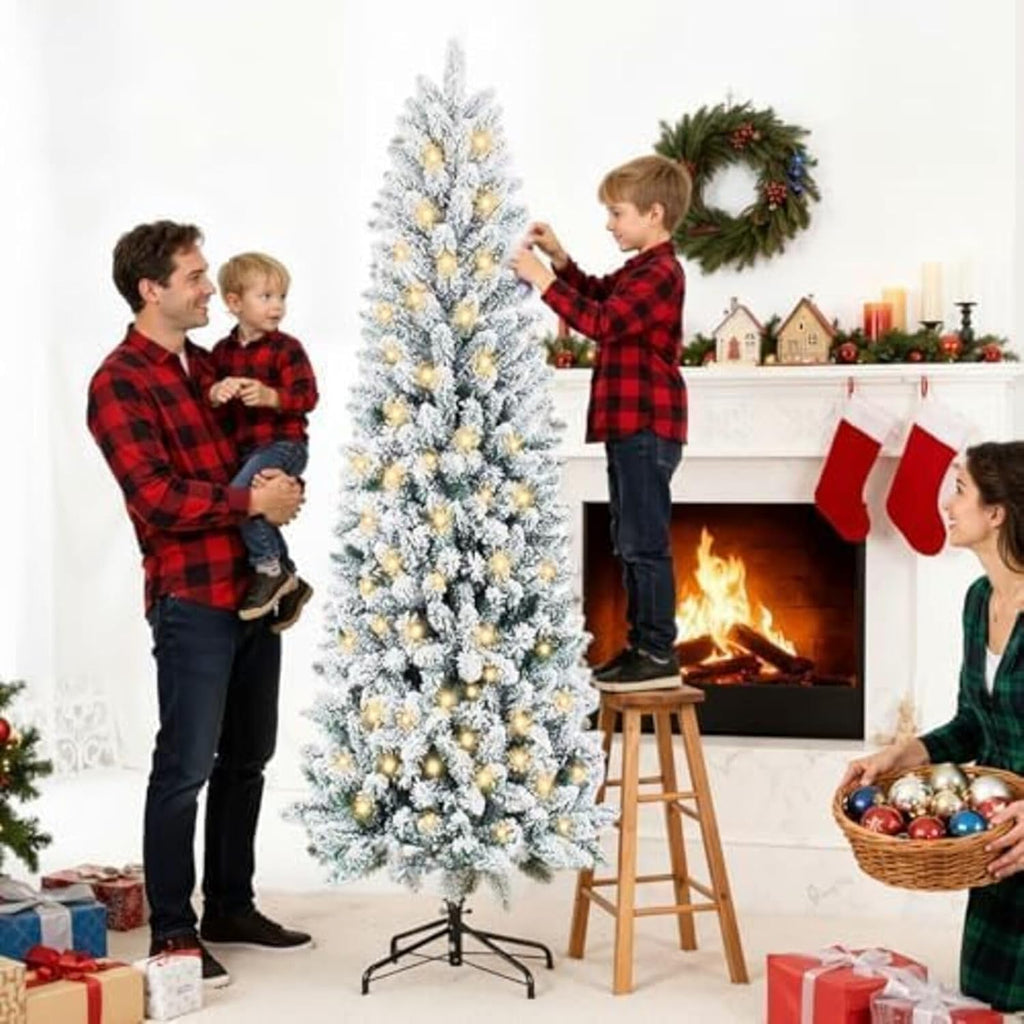 Snow Flocked Pencil Christmas Tree, Prelighted Artificial Slim Christmas Trees with 500 Incandescent Lights, 1100