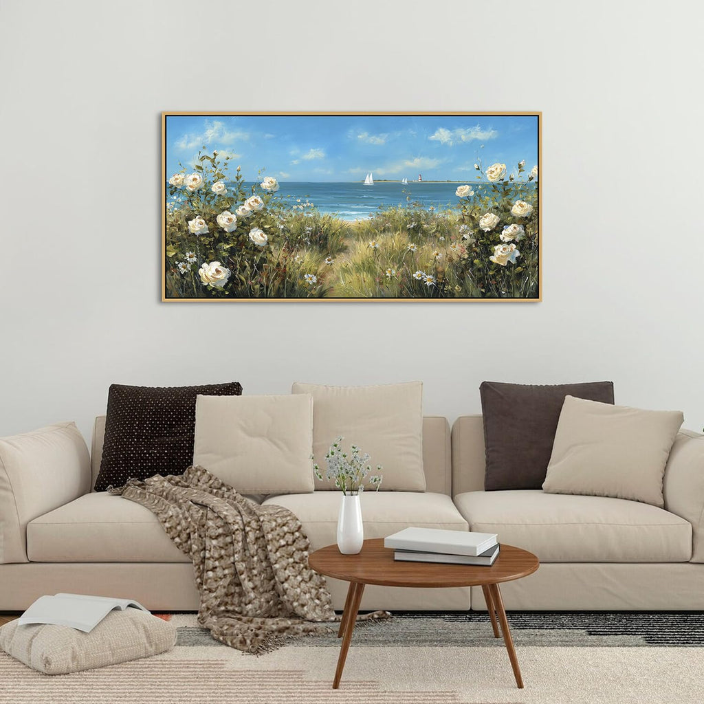 Vintage Coastal Wall Art Beach Wildflowers Canvas Prints Blue Ocean White Flowers Pictures Seascape Sailboat Painting