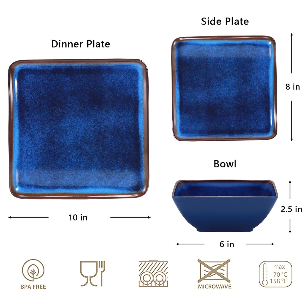 Melamine Dinnerware Set, 12-Piece Blue Square Plates and Bowls for 4