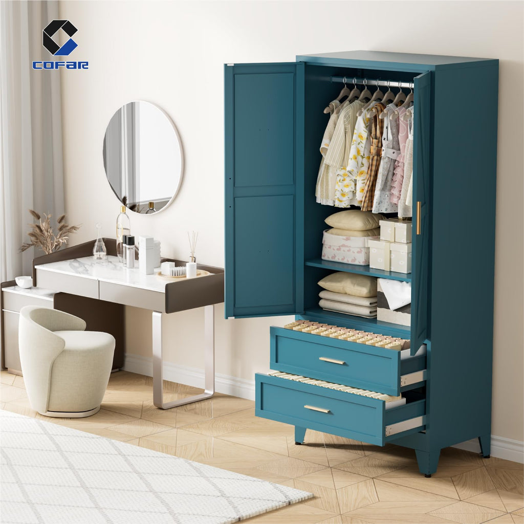 Metal Armoire Wardrobe Closet with Drawers, 71'' Tall Farmhouse Bedroom Armoires with Doors, Freestanding Steel