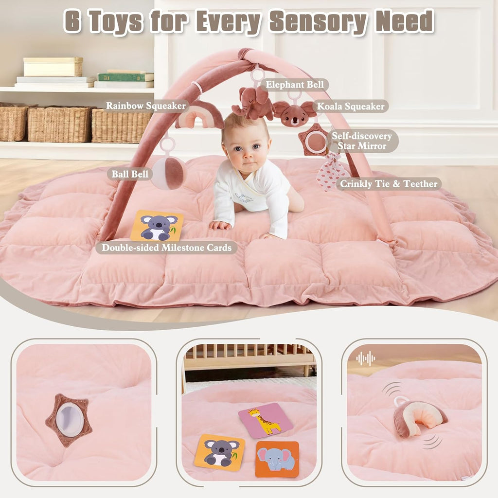 In-1 Plush Baby Play Gym, Baby Play Mats, Convertible Baby Gym, Tummy time mat, 6 Sensory Toys, Activity Center